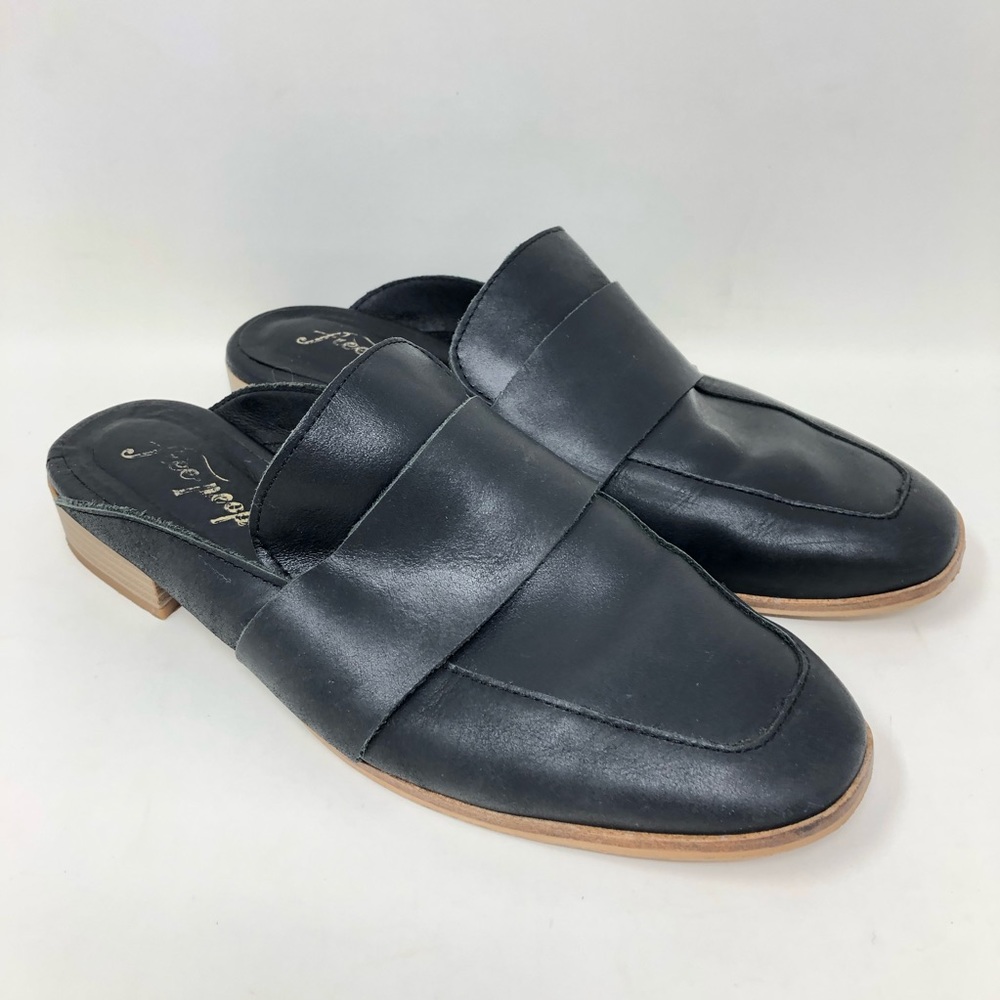 Free People Black Leather Open Back Loafer Mule